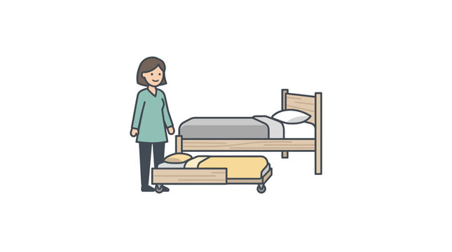 Woman standing next to two beds, one large and one small trundle bed