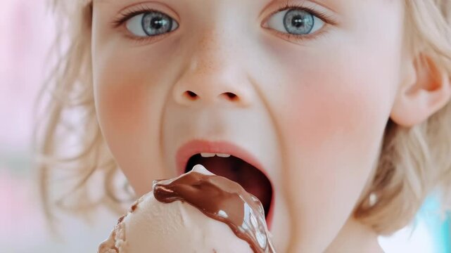 Child enjoying an ice cream cone with chocolate drizzle