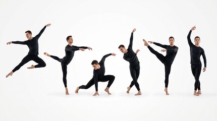 Fototapeta premium Male dancer performing various poses in black dancewear on white background 
