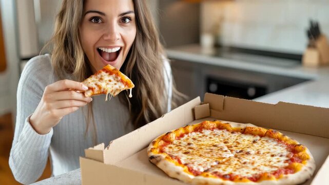 Woman smiles while eating pizza slice