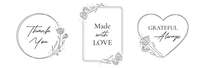 Flower floral botanical nature plant frames set. Elegant minimal line art wedding invitation card design, greeting badge, vector illustration collection with hand drawn bouquets for prints  © Iryna Prokopovych 