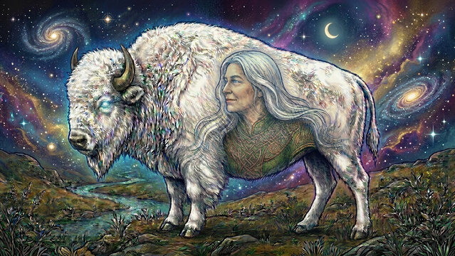 Magisches Hintergrundbild, wei&szlig;er B&uuml;ffel mit Universum, die wei&szlig;e B&uuml;ffelfrau, Kunst, Kultur