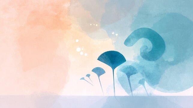 Fan shaped fossils and spiral in watercolor paleontology backgro