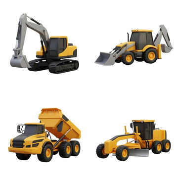 Yellow 3D construction machinery set with excavator, dump truck, and grader on black background.