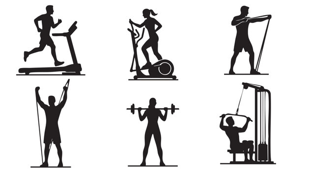Gym Workout and Cardio Fitness Silhouette Collection: Treadmill Running, Elliptical Trainer, Resistance Band Exercises, Barbell Squats, and Lat Pulldown Machine Icons Isolated on White Background