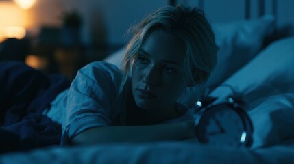 Obraz premium A sleepless woman struggles with anxiety and depression while lying in bed at night, reflecting emotional stress, fatigue, and sleep deprivation in a quiet bedroom setting.