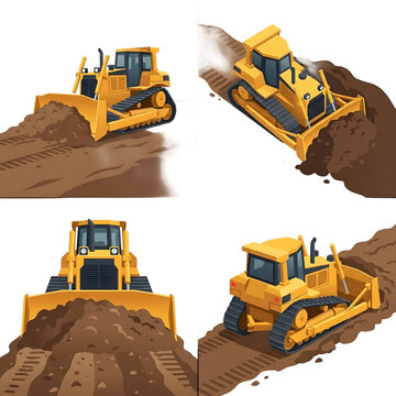 Yellow bulldozer construction vehicle pushing soil on a black background