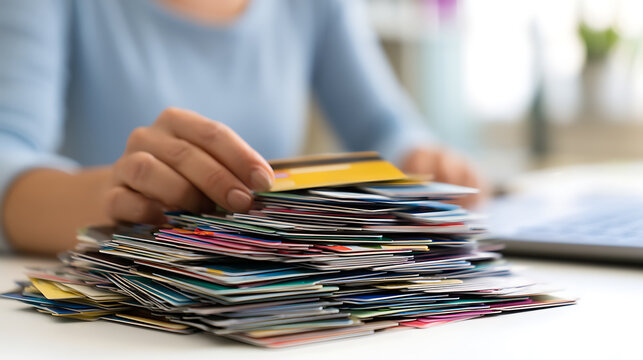 Person select card from large stack of colorful plastic cards, financial concept, debt management, consumer spending, multiple accounts