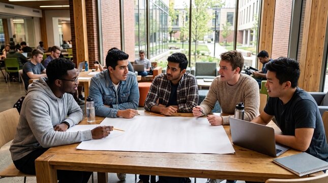 Diverse group of young adults collaborating on a project with a large paper on a wooden table in a modern university cafeteria