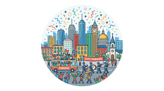City Parade Celebration with Buildings, Confetti, and Crowd in Flat Design