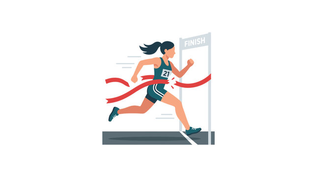 Woman runner breaking finish line ribbon, achieving goal, winning race, athletic sport