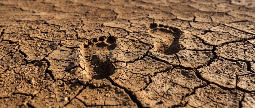 close up of footprints impressed into drying cracked mud, intricate polygonal earth patterns