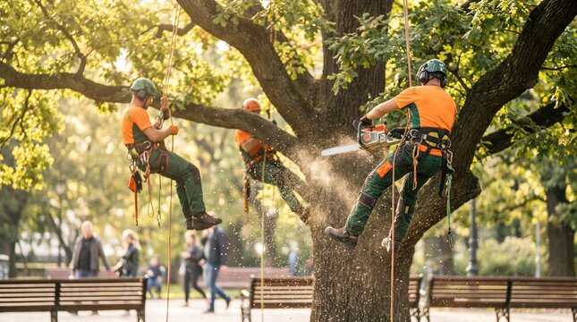 Arborists Professionally Pruning Park Trees