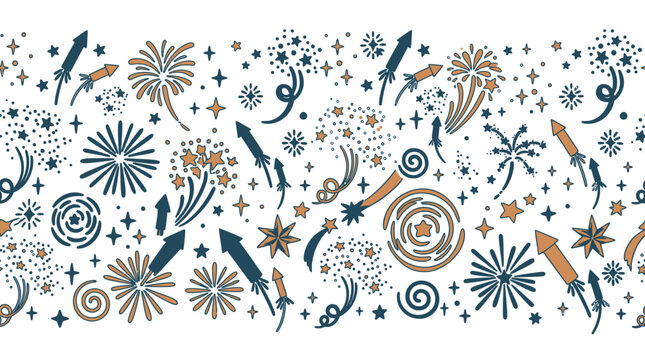 Motif de bordure sans couture avec des feux d'artifice dessin&eacute;s &agrave; la main, des fus&eacute;es et des &eacute;toiles scintillantes dans des tons bleu et bronze sur fond blanc pour les c&eacute;l&eacute;brations