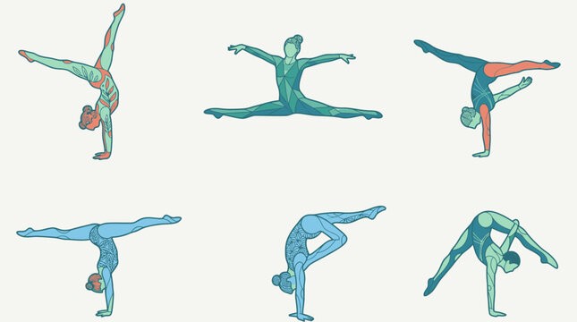 Conjunto de ilustra&ccedil;&otilde;es vetoriais de ginastas femininas realizando poses acrob&aacute;ticas, paradas de m&atilde;o e aberturas em um estilo art&iacute;stico minimalista e colorido.