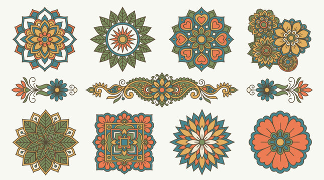 Ensemble d'&eacute;l&eacute;ments d&eacute;coratifs de style mandala et motifs floraux ornementaux aux couleurs terreuses, parfaits pour des designs graphiques, des invitations ou des projets artistiques.