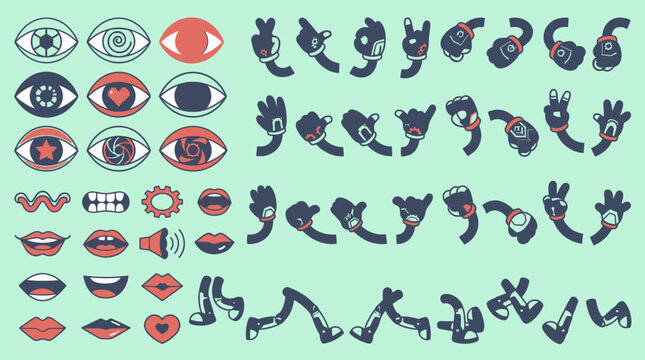 Ensemble d'&eacute;l&eacute;ments graphiques vectoriels de style cartoon r&eacute;tro comprenant des yeux expressifs, des bouches vari&eacute;es, des mains gant&eacute;es faisant des gestes et des jambes en mouvement sur fond vert