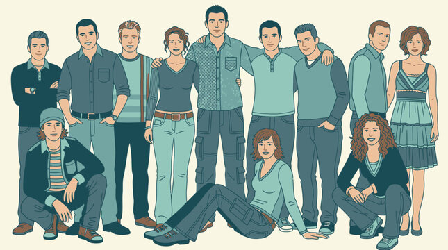 Illustration de groupe diversifi&eacute; de jeunes adultes hommes et femmes debout et assis ensemble, style dessin anim&eacute; avec une palette de couleurs bleu sarcelle et beige.