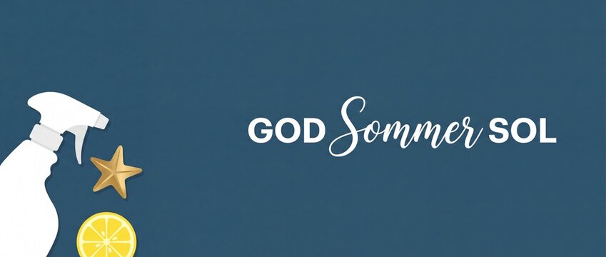 Summer background banner sunscreen starfish lemon slice elements with Danish text God Sommer Sol on blue background, minimalist Scandinavian holiday vacation card layout for seasonal promotion text.