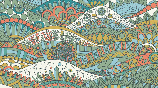 Fond d'&eacute;cran abstrait avec des motifs complexes de style mandala, des formes ondul&eacute;es et des &eacute;l&eacute;ments d&eacute;coratifs d&eacute;taill&eacute;s dans une palette de couleurs pastel douces et harmonieuses.