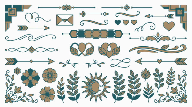 Conjunto de elementos decorativos boho com setas, flores, folhagens, cora&ccedil;&otilde;es, divisores de linha e ornamentos celestiais em tons de verde e dourado para design gr&aacute;fico.