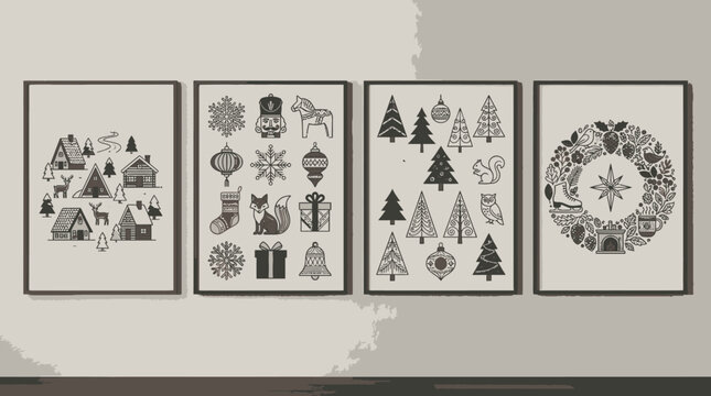 Conjunto de quatro quadros decorativos com ilustra&ccedil;&otilde;es minimalistas de Natal em estilo escandinavo, apresentando &aacute;rvores, guirlandas, animais da floresta e &iacute;cones festivos em tons neutros.