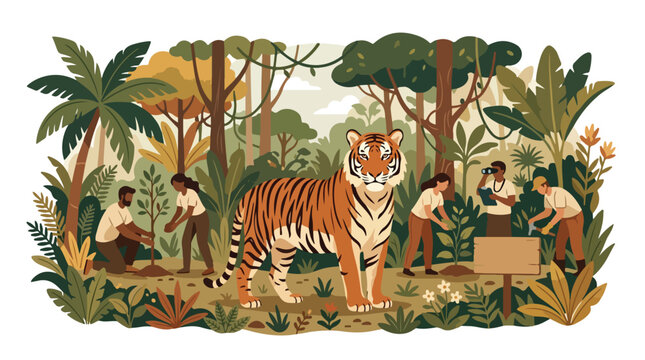 Illustration of a tiger standing among people working in a lush, tropical forest with dense foliage and trees.