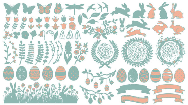 Ensemble d'&eacute;l&eacute;ments graphiques pour P&acirc;ques avec des lapins, des &oelig;ufs d&eacute;cor&eacute;s, des fleurs printani&egrave;res, des papillons et des banni&egrave;res dans des tons pastel doux sur fond blanc.