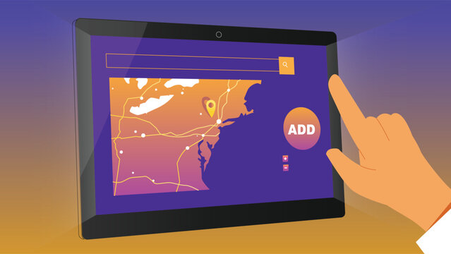 User adding new location on digital map interface displayed on tablet device screen