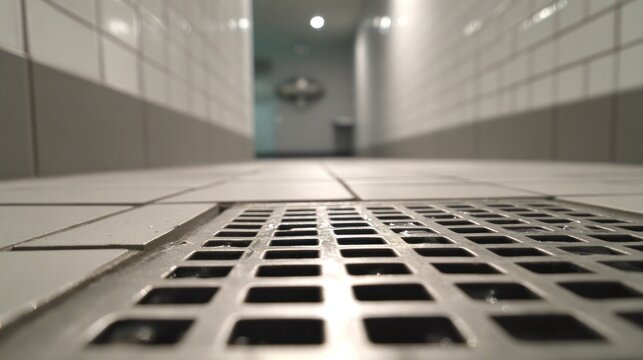 Close up view of metal drain grate in a tiled corridor with overhead lighting