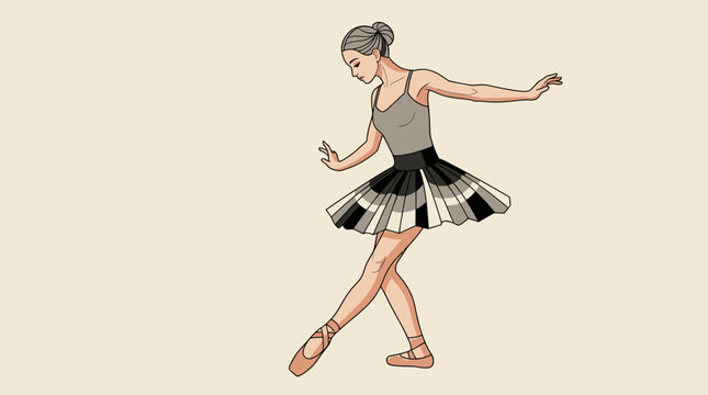 Ilustra&ccedil;&atilde;o vetorial de uma bailarina elegante realizando um passo de dan&ccedil;a cl&aacute;ssica com um tutu estilizado que lembra as teclas de um piano, destacando a harmonia entre m&uacute;sica e movimento.