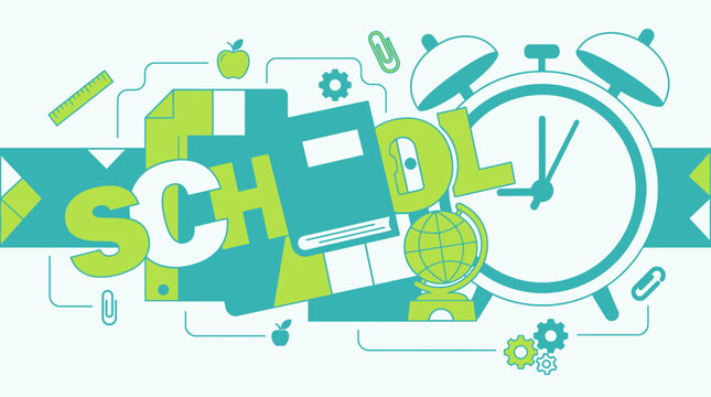 Eine flache Vektorillustration zum Thema Schule mit dem Schriftzug School, einem Wecker, einem Globus, B&uuml;chern und Schreibwaren in gr&uuml;nen und t&uuml;rkisen Farbt&ouml;nen auf wei&szlig;em Hintergrund.
