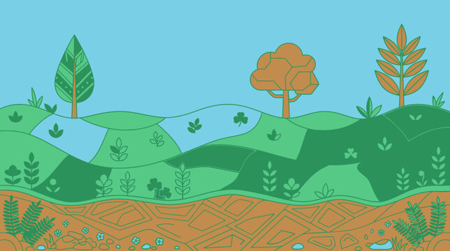 Ilustraci&oacute;n vectorial plana de un paisaje natural con colinas verdes, &aacute;rboles estilizados, vegetaci&oacute;n diversa y una secci&oacute;n transversal del suelo con texturas de tierra y ra&iacute;ces