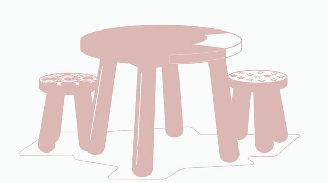 Ilustra&ccedil;&atilde;o vetorial minimalista de uma pequena mesa redonda com dois bancos infantis em tons de rosa pastel sobre um fundo branco limpo, ideal para design de interiores de quartos de crian&ccedil;as.
