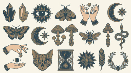 Eine Sammlung mystischer und esoterischer Symbole und Elemente, darunter Kristalle, Monde, Sterne, Insekten, Pilze und Hände, im Vintage-Stil für spirituelle Designs.