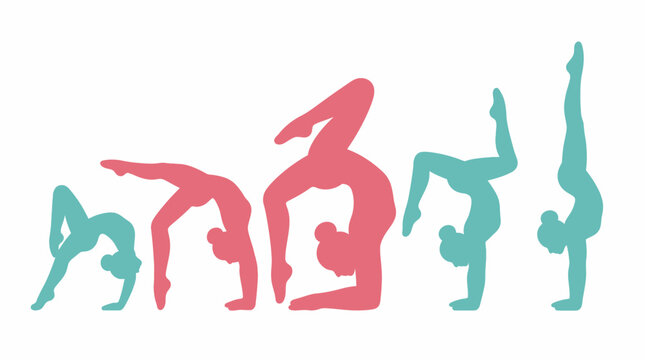 Conjunto de silhuetas de ginastas femininas em v&aacute;rias poses de flexibilidade, ioga e contorcionismo, apresentadas em tons past&eacute;is de rosa e azul sobre um fundo branco isolado.