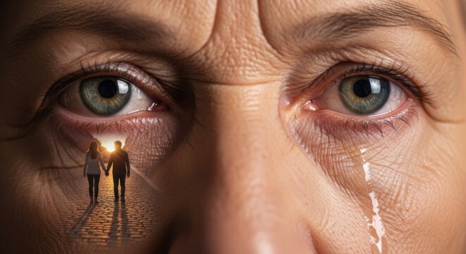 Close up of crying eye with reflection of couple.