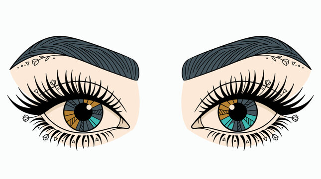 Ilustraci&oacute;n vectorial de un par de ojos humanos con iris multicolor, pesta&ntilde;as largas y cejas definidas, con un estilo art&iacute;stico detallado sobre un fondo blanco limpio.