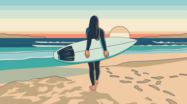 Ilustra&ccedil;&atilde;o vetorial de uma surfista caminhando em dire&ccedil;&atilde;o ao mar com sua prancha de surfe em uma praia tranquila durante o p&ocirc;r do sol com estilo art&iacute;stico retr&ocirc; e cores suaves.
