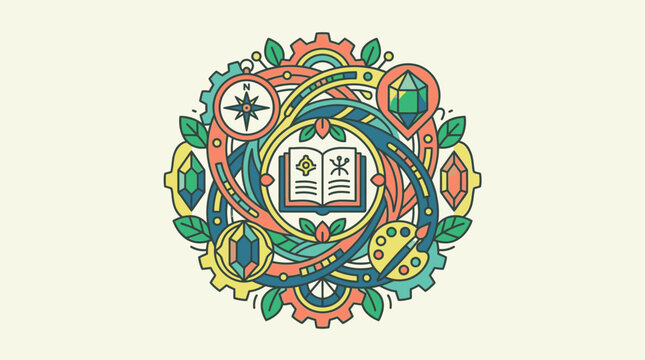 Ilustraci&oacute;n vectorial circular de estilo plano con un libro abierto central, engranajes, br&uacute;jula, gemas y hojas, representando el conocimiento, la aventura y la creatividad en un dise&ntilde;o decorativo