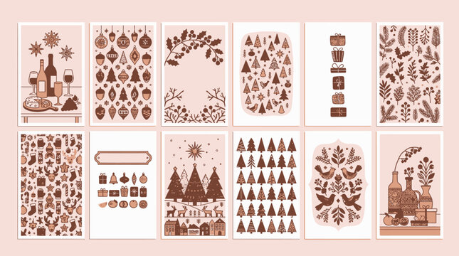 Ensemble de douze cartes de v&oelig;ux de No&euml;l avec des illustrations minimalistes dans des tons marron et beige, pr&eacute;sentant des motifs festifs, des sapins, des ornements et des &eacute;l&eacute;ments naturels.