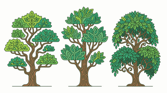 Eine Reihe von drei stilisierten B&auml;umen mit unterschiedlichen gr&uuml;nen Bl&auml;ttern und braunen St&auml;mmen, isoliert auf wei&szlig;em Hintergrund, perfekt f&uuml;r Natur- und &Ouml;kologiekonzepte und Designprojekte.