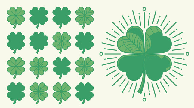 Conjunto de ilustraciones vectoriales de tr&eacute;boles de cuatro hojas verdes y un dise&ntilde;o decorativo central con rayos para celebrar el d&iacute;a de San Patricio y la buena suerte