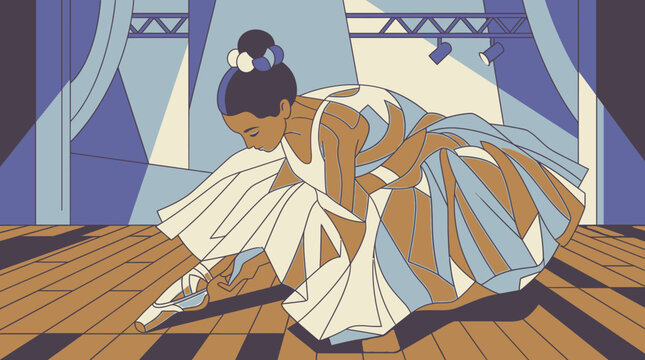 Ilustra&ccedil;&atilde;o vetorial de uma bailarina negra amarrando as sapatilhas de ponta no palco de um teatro, com design estilizado em tons de azul e bege, capturando um momento de prepara&ccedil;&atilde;o.