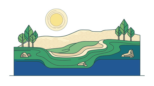 Eine stilisierte, flache Illustration einer friedlichen Naturlandschaft mit sanften H&uuml;geln, gr&uuml;nen B&auml;umen, einem gewundenen Pfad, Felsen und einer strahlenden Sonne am Himmel.