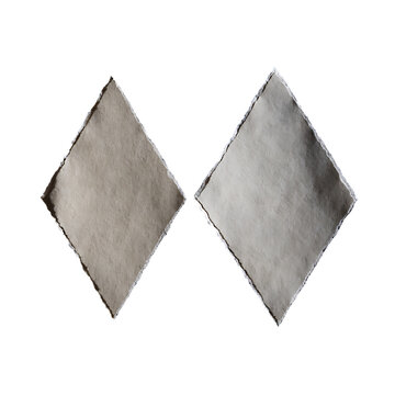 Two textured diamond shaped swatches of neutral gray fabric isolated on plain white with textured material swatches isolated background geometric abstract composition