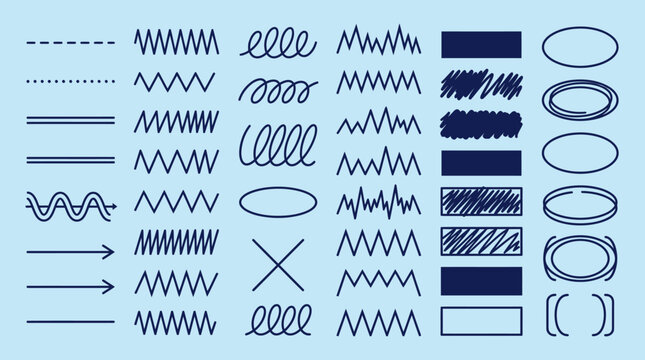 Eine Sammlung handgezeichneter grafischer Elemente mit Zickzacklinien, Kreisen, Pfeilen und schraffierten Rechtecken auf hellblauem Hintergrund f&uuml;r kreative Designprojekte.