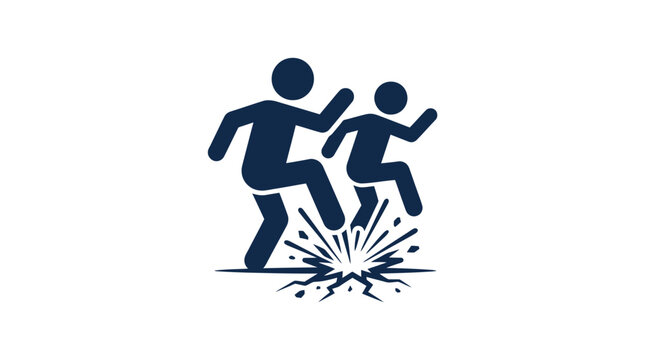 Two figures stepping on explosive device, danger, risk, warning, abstract concept icon