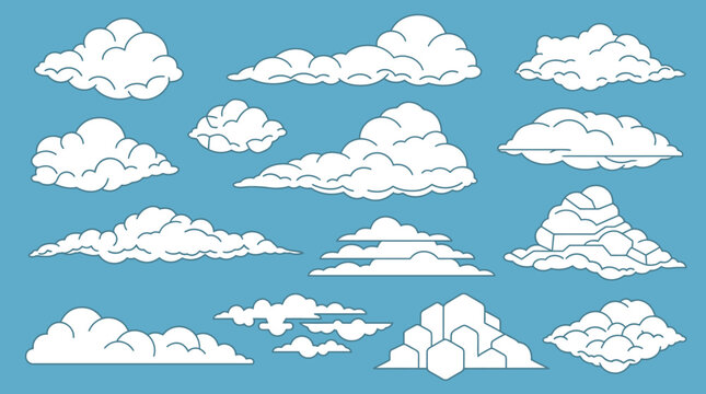 Conjunto de ilustra&ccedil;&otilde;es vetoriais de nuvens brancas fofas isoladas em fundo azul, estilo desenho animado para design gr&aacute;fico, elementos decorativos para c&eacute;u e meteorologia.