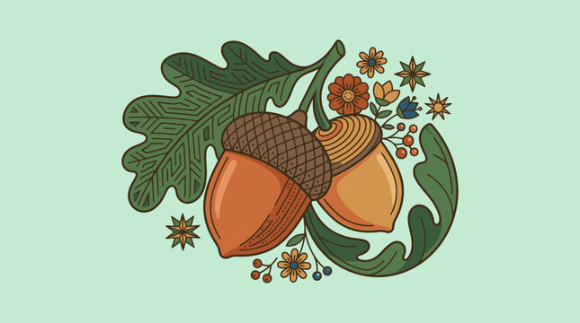 Dekorative Illustration von zwei Eicheln mit Eichenbl&auml;ttern und kleinen Blumen im Vintage-Stil auf einem hellgr&uuml;nen Hintergrund f&uuml;r herbstliche Designs
